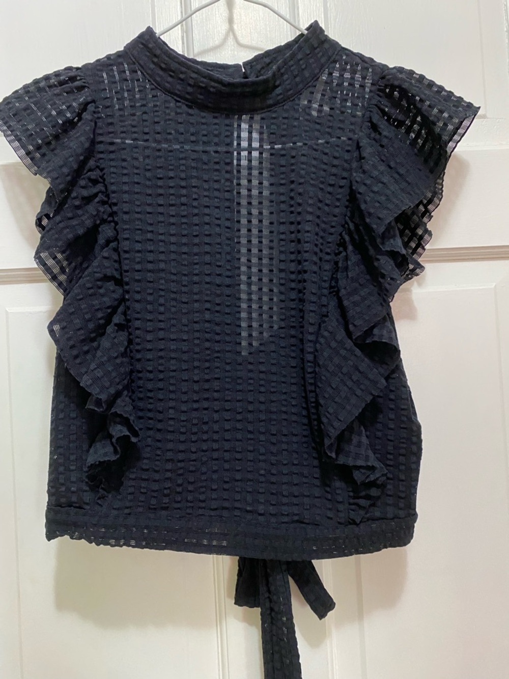 Maeve Black Textured Ruffle Sleeve Crop Top